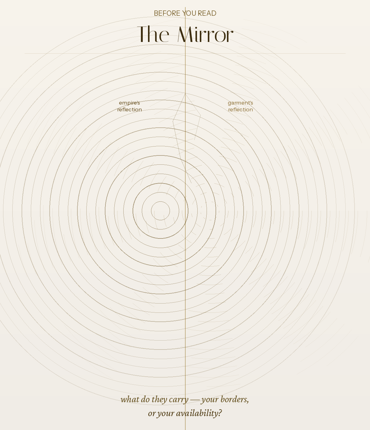 The Mirror — empire's reflection clear, garment's reflection fractured. © Finley Nyabuga (Tales)